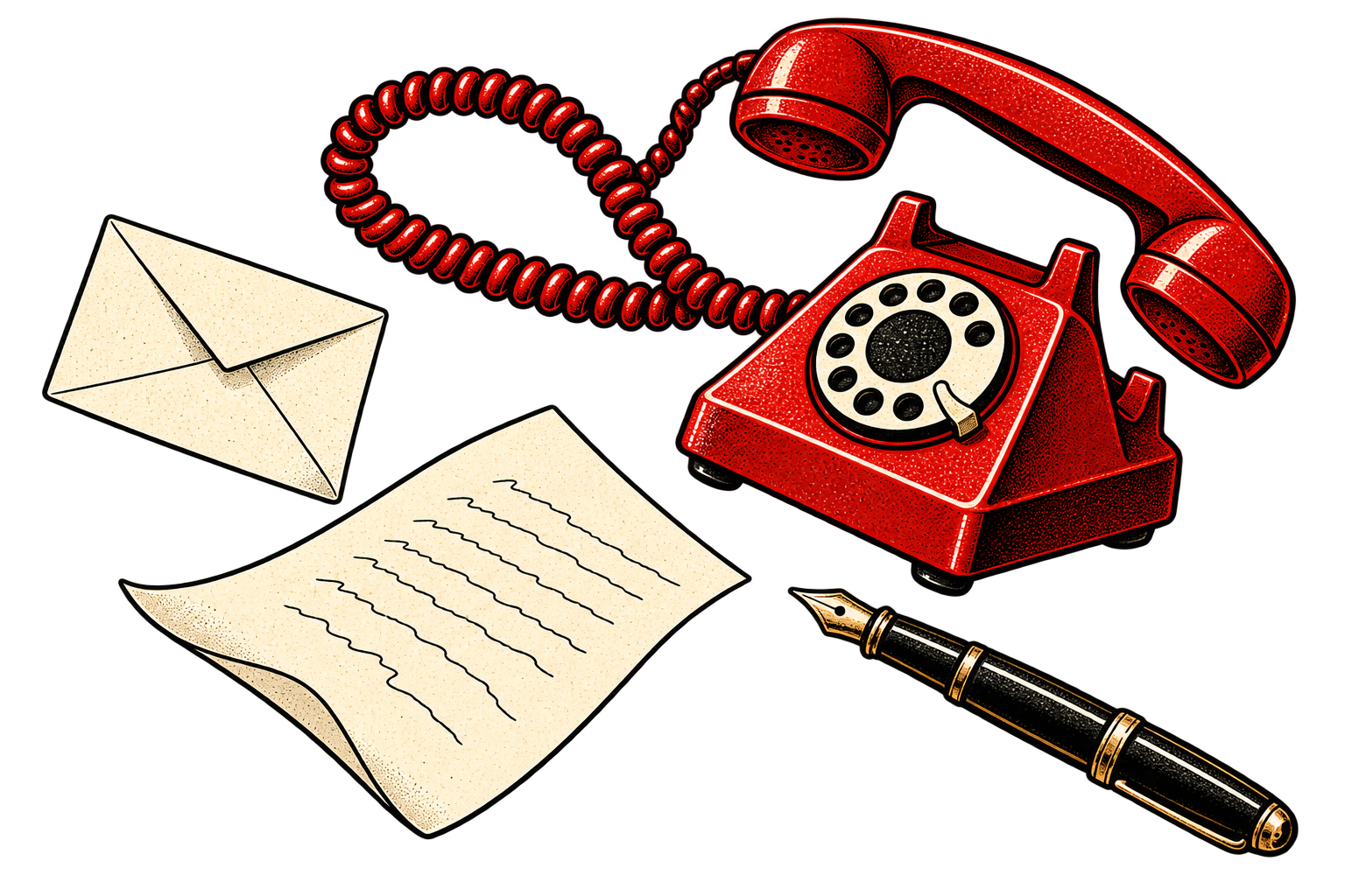 Telefono rosso, cornetta, foglio e penna sospesi nello spazio