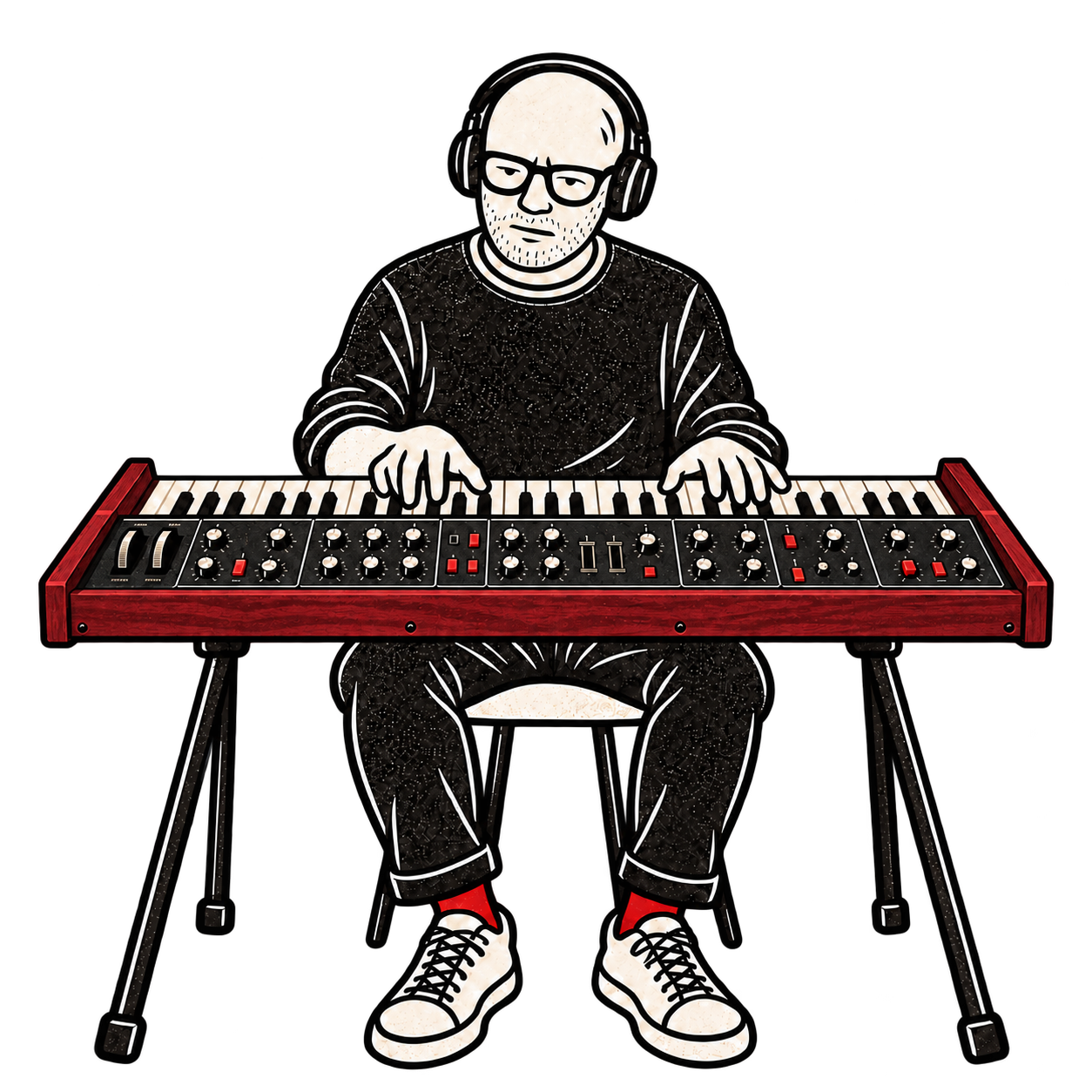 Raffaele Rutigliano suona frontalmente un sintetizzatore analogico vintage rosso